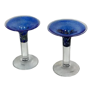 Pair of Swedish Bertie Vallien Satellite Series From Kosta Boda Glassworks Candleholder Blue, Signed