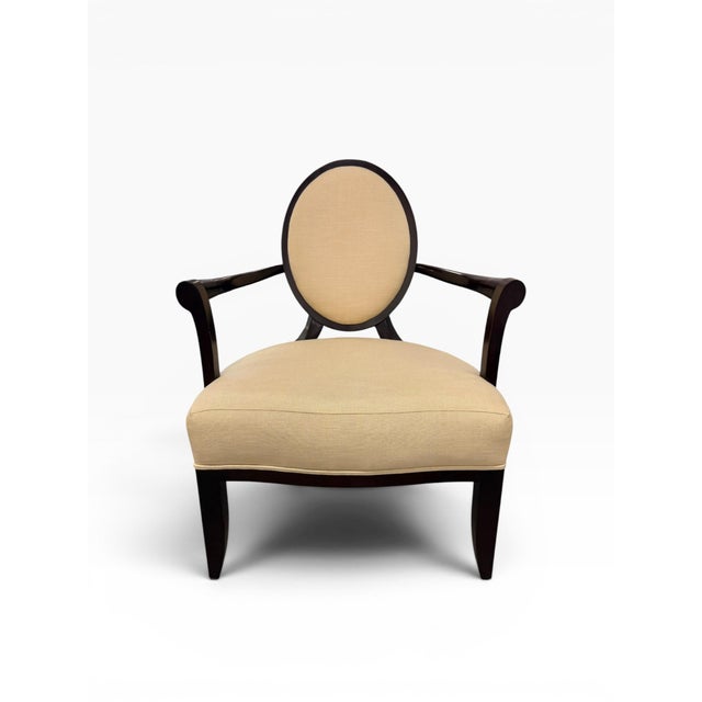 Baker Furniture Company Pair of Baker Furniture Upholstered Barrel Back Lounge Chairs With Oval Medallion Backs For Sale - Image 4 of 15