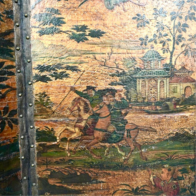 Late 19th Century 19th Century Chinoiserie Folding Screen, Hand-Painted Leather For Sale - Image 5 of 10