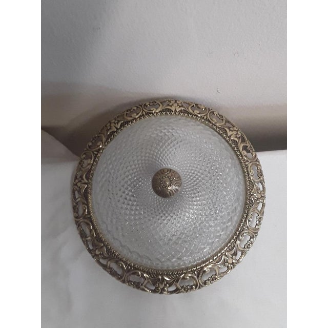 Metal Vintage Flat Ceiling Lamp with Relief Glass Bowl on Gold-Colored Metal Mount, 1980s For Sale - Image 7 of 7