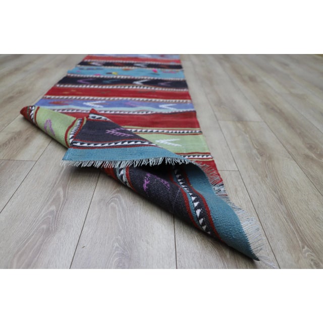 1970s Rustic & Primitive Striped Hand Knotted Oushak Kilim Runner For Sale - Image 12 of 13