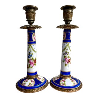Antique Sèvres-Style Porcelain & Bronze Hand-Painted Candlesticks Pair Lp Paris For Sale
