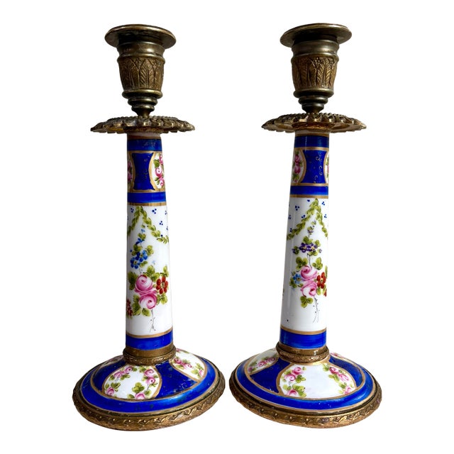 Antique Sèvres-Style Porcelain & Bronze Hand-Painted Candlesticks Pair Lp Paris For Sale