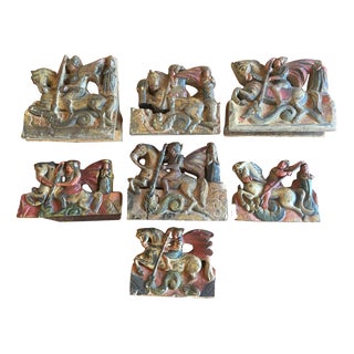 Wooden Tiles with Rural Scenes, Sicily, Italy, 1890s, Set of 7 For Sale