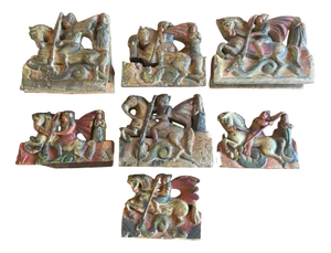 Wooden Tiles with Rural Scenes, Sicily, Italy, 1890s, Set of 7