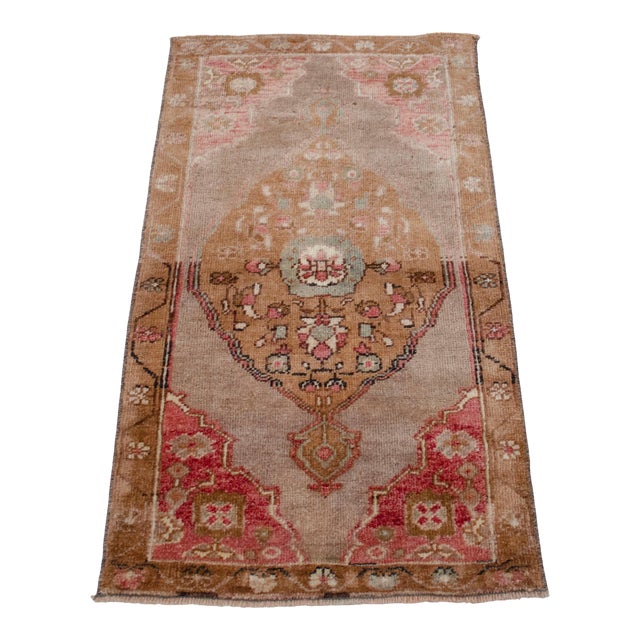 Vintage Turkish Small Rug Faded Pink Brown Hand Knotted Door Mat 20"x37" For Sale