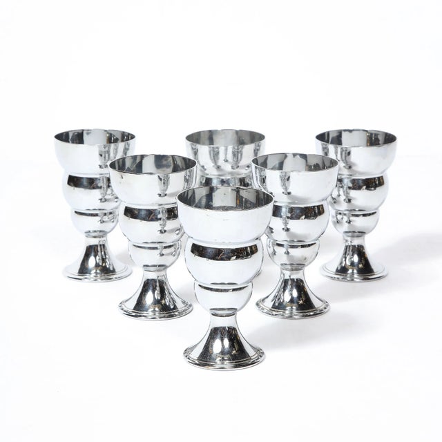 Art Deco Set of 6 1930s Streamline Machine Age Art Deco Cocktail Glasses in Chrome For Sale - Image 3 of 8