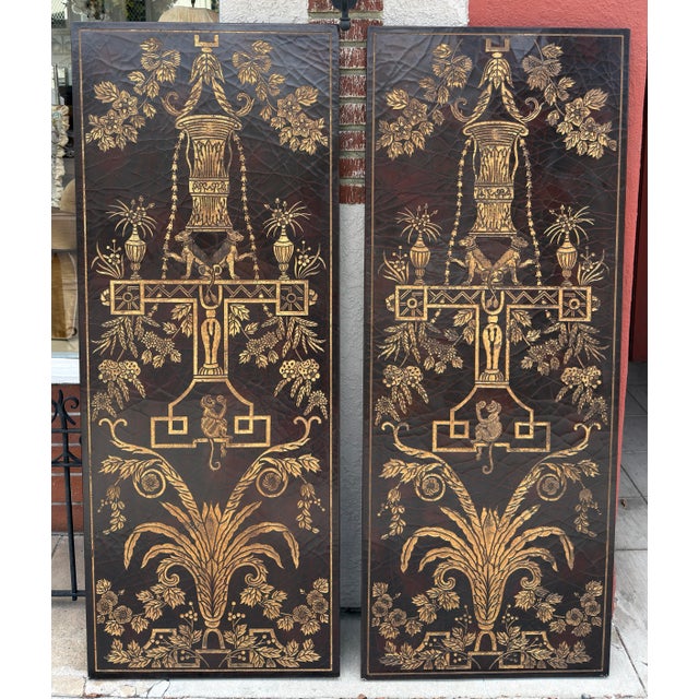 Pair of Huge Maitland Smith Neoclassical Gilded Lacquer Panels With Monkeys & Dogs.