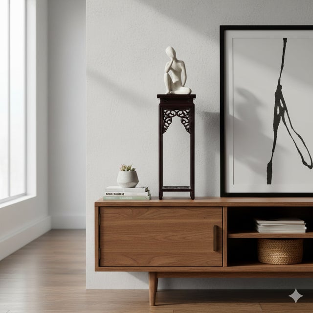 Wood 4.75" Dark Brown Scroll Pattern Square Tall Slim Wood Display Stand Riser For Sale - Image 7 of 9