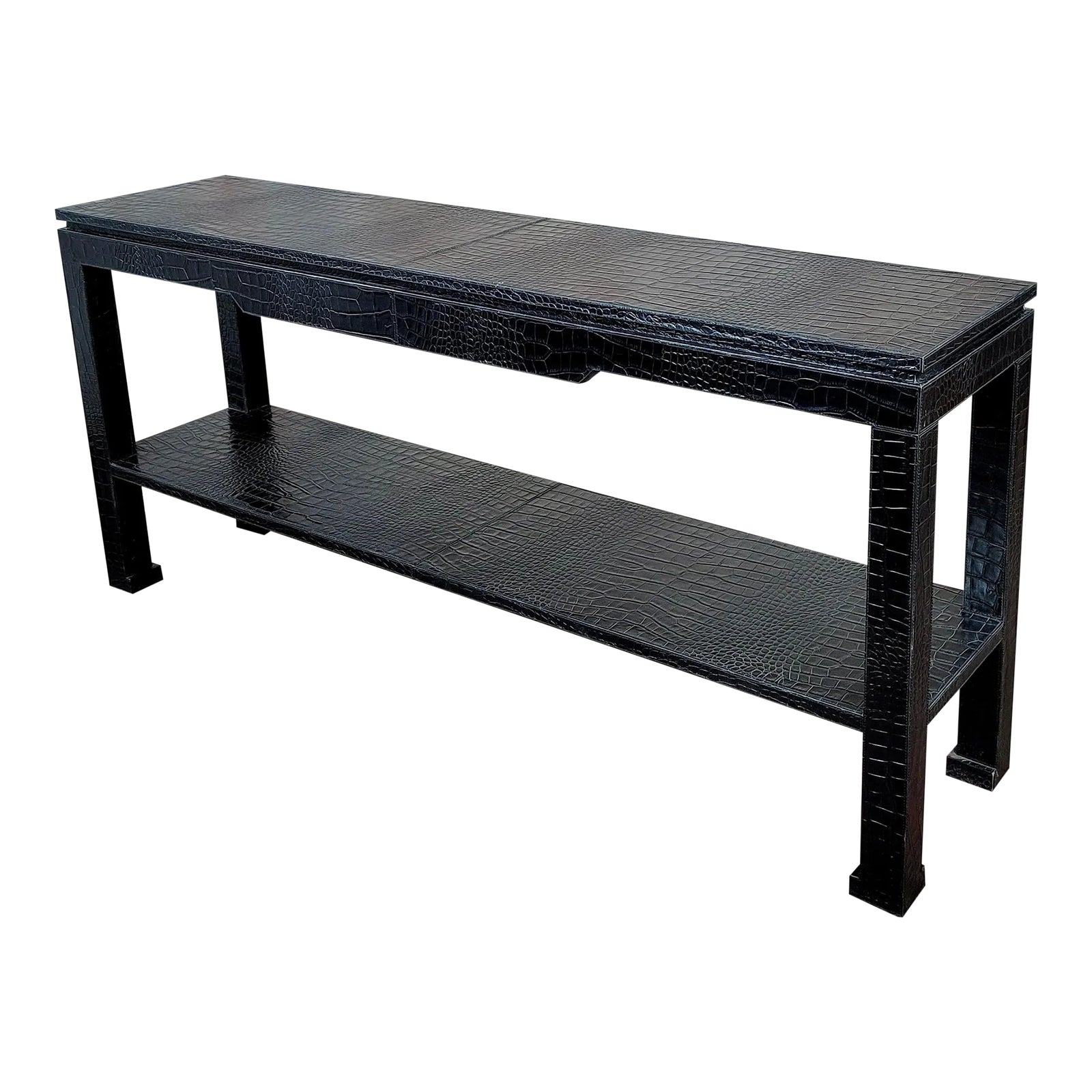 Jonathan Adler -Black Leather Faux Alligator Console Table | Chairish
