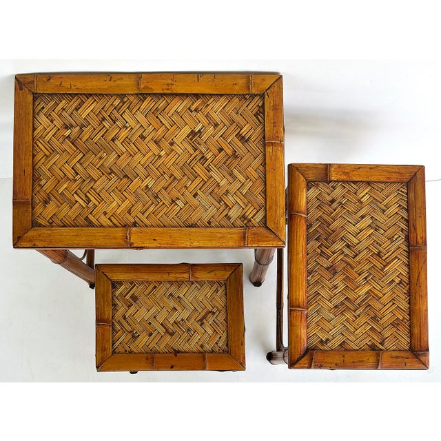 Wood Vintage Chinoiserie Bamboo, Cane Nesting Stacking Tables, Set of 3 For Sale - Image 7 of 8