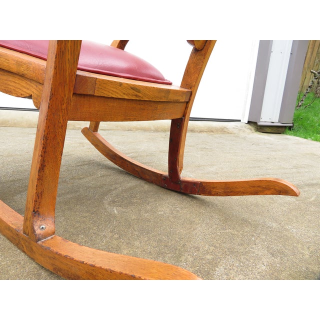 Antique Carved Oak Green Man Rocking Chair in Red Tufted Leather ~ Northwind Face For Sale - Image 16 of 17