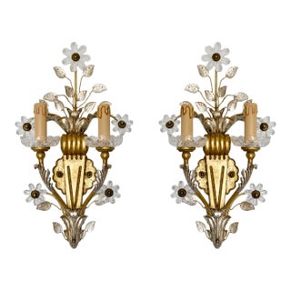 Early 20th Century Banci Gilt & Silvered Bronze Sconces, Italian With Rock Crystal Floral Motif Design -Pair For Sale