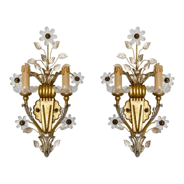 Early 20th Century Banci Gilt & Silvered Bronze Sconces, Italian With Rock Crystal Floral Motif Design -Pair For Sale