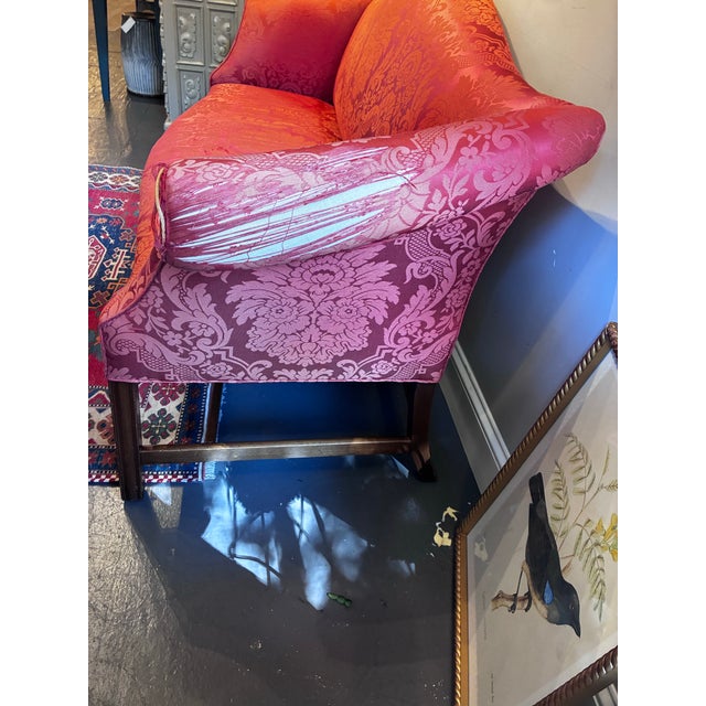 Chippendale Antique Camelback Chippendale Style Damask Fabric Sofa For Sale - Image 3 of 11