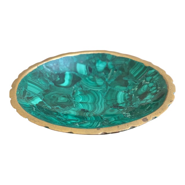 Vintage Malachite Brass Rimmed Bowl For Sale