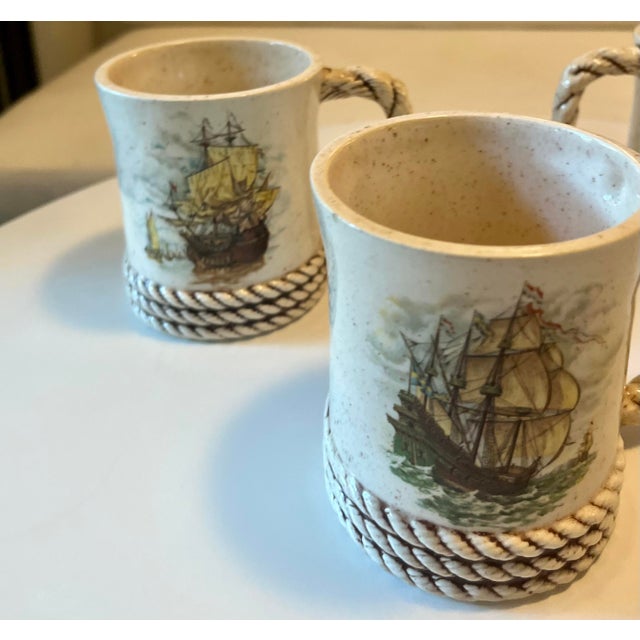 Cream Nautical Folk Art Coffee Mugs With Rope Trim, Set of 4 For Sale - Image 8 of 10