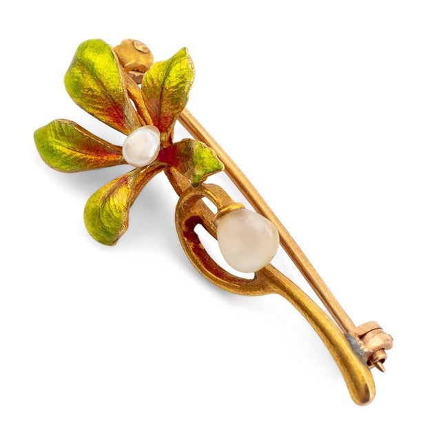 Metal Vintage American Art Nouveau 14k Yellow Gold Enamel and Pearl Lapel Brooch For Sale - Image 7 of 8