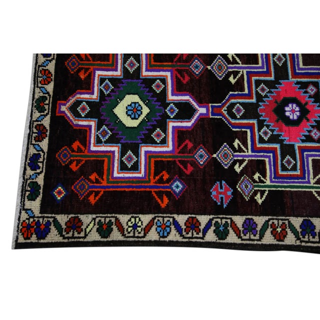 Modern 1960s Purple Colorful Geometric Design Handwoven Wool Vintage Turkish Oushak Runner 2'10" X 11'3" For Sale - Image 3 of 6