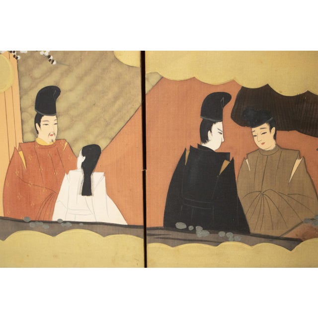 Olive "The Tale of Genji" Early Shōwa Era Japanese Painted Silk Byobu Screen, C. 1930-1950s For Sale - Image 8 of 18