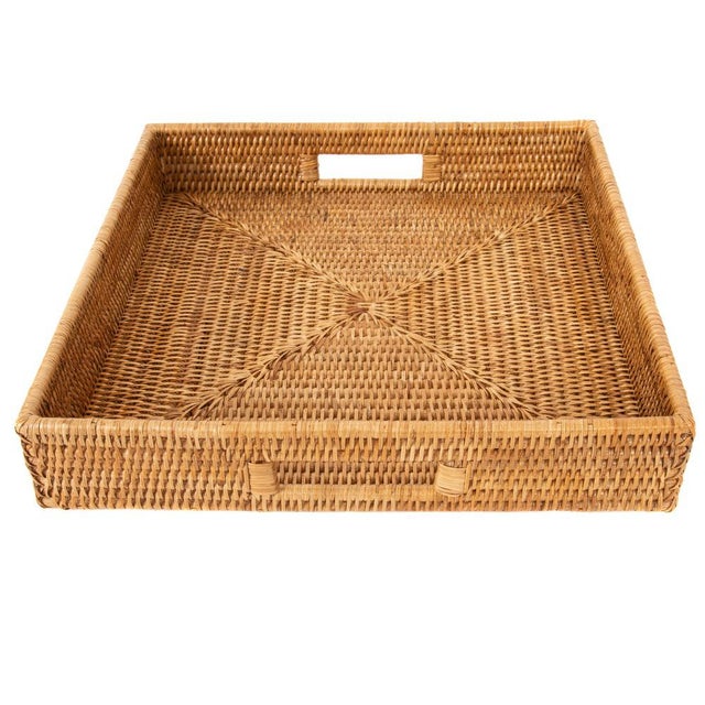 2020s Artifacts Rattan Square Serving Tray with Cutout Handles in Honey Brown - 16" For Sale - Image 5 of 10