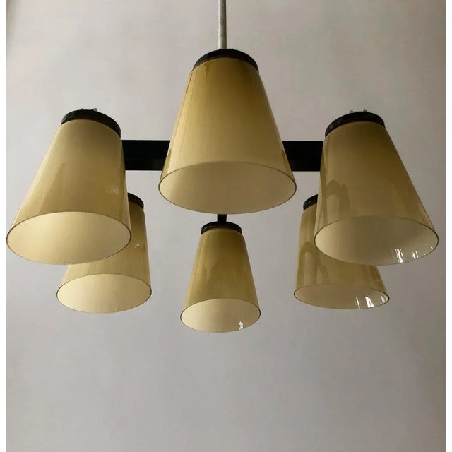 Elegant ceiling lamp in black stained metal and six handmade opaline glass shades from 1950s. Made in Czechoslovakia. The...