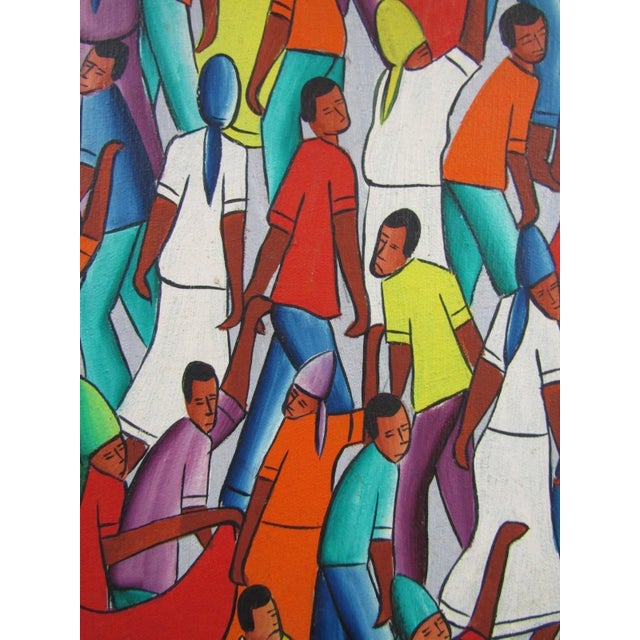 Wood 1980s Original Framed Oil Painting on Canvas Haitian Music Street Scene Signed Fidésir For Sale - Image 7 of 8