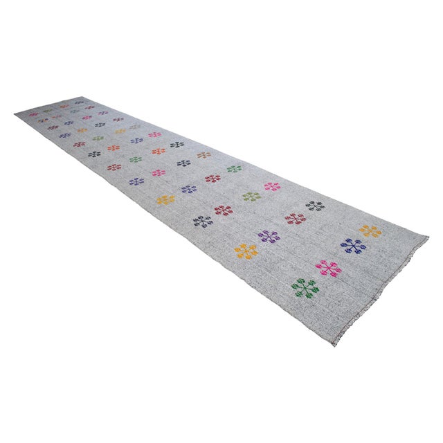 1960s 1960s Vintage Hand Woven Turkish Kilim Runner Rug Flat Weave Stair Runner Rug - 3′9″ × 19′2″ For Sale - Image 5 of 17