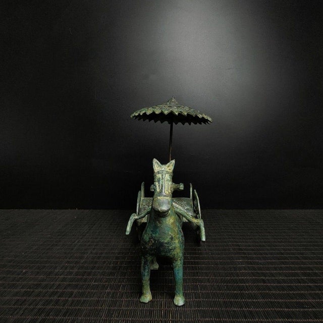 Chinese Bronze Horse & Chariot Sculpture With Verdigris Patina For Sale - Image 4 of 9