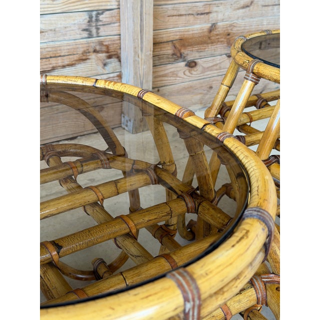 Tan Pair Vintage Organic Modern Bent Rattan Side Tables With Smoked Glass For Sale - Image 8 of 12