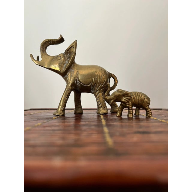 Mid-Century Modern Mid Century Brass Elephants Pair Trunks Up Good Luck Baby & Parent Set of 2 For Sale - Image 3 of 9