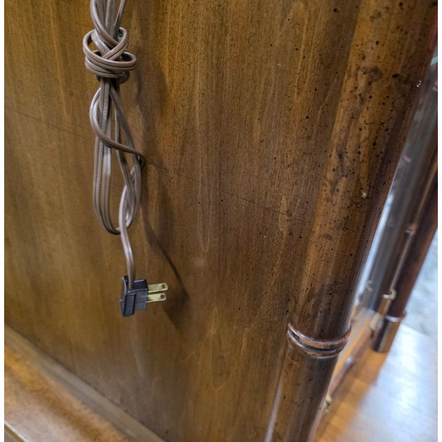 Wood Pair of Mid 20th Century Weiman Faux Bamboo Burl Pagoda Vitrines on Matching Cabinets For Sale - Image 7 of 18