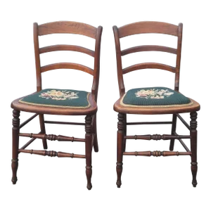 A Pair of Early 20th Century Victorian Style Ladder Back Walnut and Needlepoint Upholstered Seat Side Chairs