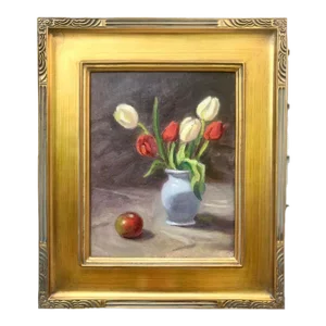 Vintage Original Oil Painting of Still Life of Tulips in a Blue Vase