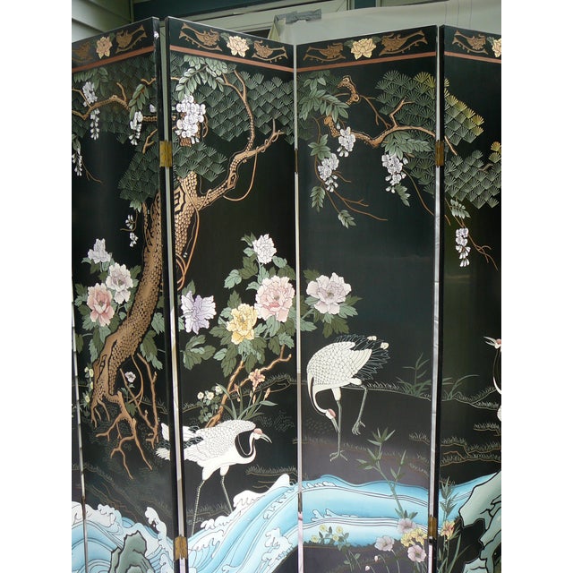 Vintage Wood Carved Black Lacquer 6 Panel Room Divider Screen For Sale - Image 4 of 6