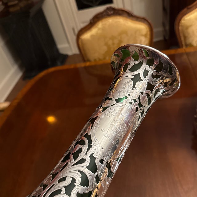 Antique Alvin American Art Nouveau Green Floral Silver Overlay Vase For Sale - Image 6 of 10