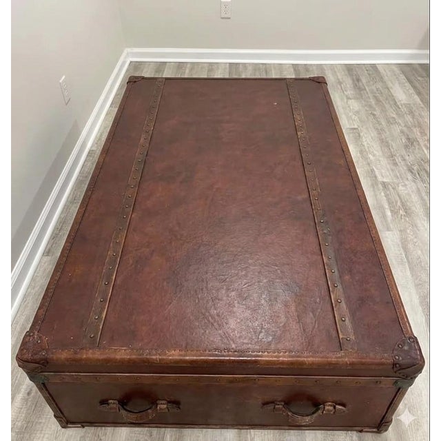 Rustic European Vintage Leather Steamer Coffee Trunk From Retired Restoration Hardware Collection With Storage For Sale - Image 3 of 3