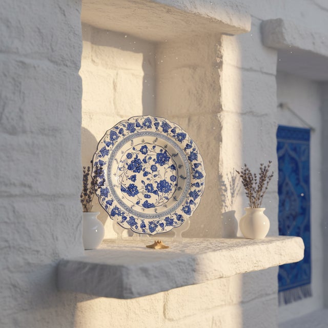 Turkish Handmade Ceramic Iznik Decorative Platter (Scalloped Rim) Classic Blue and White For Sale - Image 3 of 8