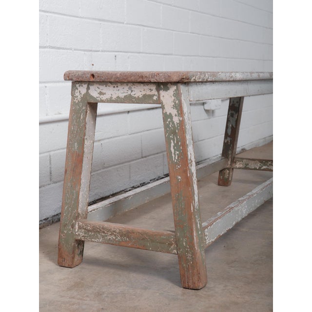 Mid 20th Century Gray Vintage Distressed Painted Wooden Bench For Sale - Image 5 of 5
