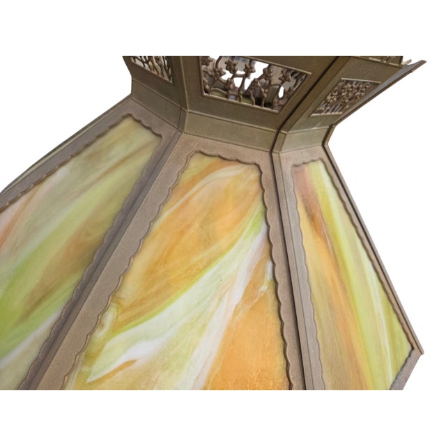 Antique Lamp Shade Green Slag Glass Hanging Light Chandelier Sarama For Sale - Image 16 of 18