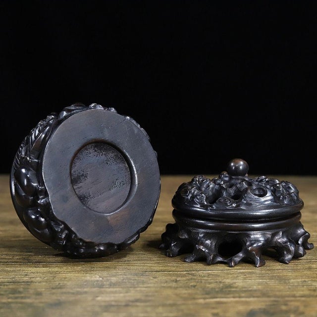 Chinese Vintage Chinese Ebony Wood Incense Burner | Carved Ruyi Lingzhi Censer With Stand For Sale - Image 3 of 9