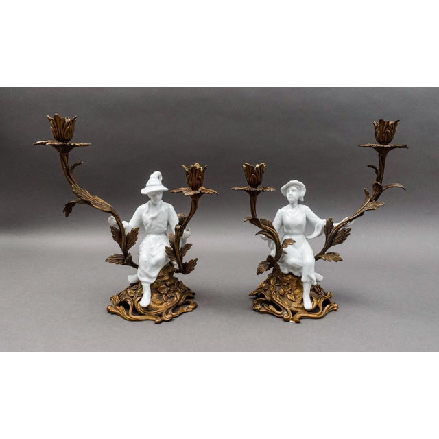 Pair of Mid 20th Century Chinoiserie Porcelain Figural Ormolu Candelabra Candle Holders For Sale - Image 11 of 11