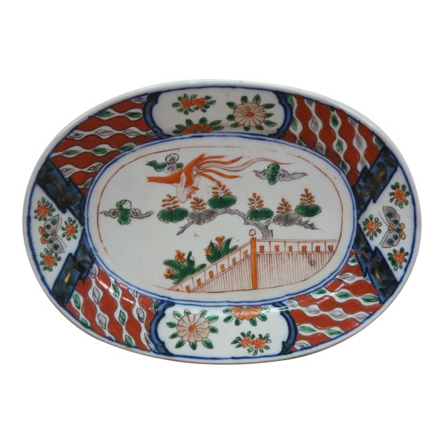 Antique Japanese Famille Verte Porcelain Imperial Phoenix Oval Serving Platter 10" For Sale