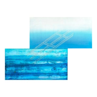 Rebecca Koury Original "Floating Grid" Blue Green Grid Contemporary Abstract Painting, Acrylic on Canvas, Carmel California Art, 2021 For Sale