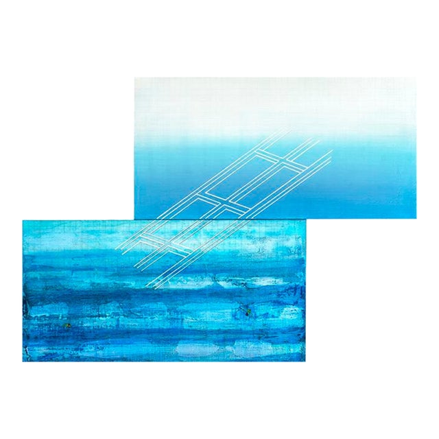 Rebecca Koury Original "Floating Grid" Blue Green Grid Contemporary Abstract Painting, Acrylic on Canvas, Carmel California Art, 2021 For Sale