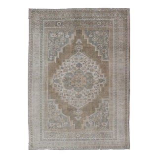Mid 20th Century Vintage Turkish Oushak Rug From Turkey With Muted Colors and Floral Medallion For Sale