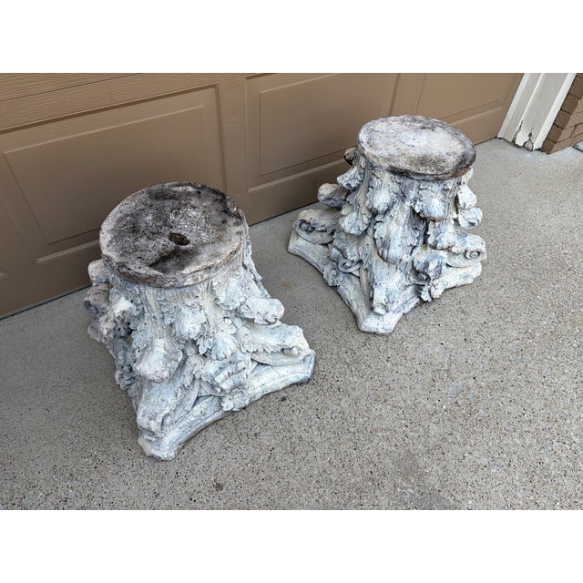 Late 20th Century Pair of Weathered Cast Concrete Corinthian Capital Garden Stands For Sale In South Bend - Image 6 of 14