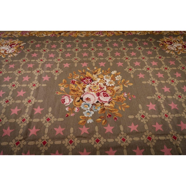 1980s 9x12 Vintage Aubusson Flat Weave Wool Rug, Olive Green Star Lattice For Sale - Image 5 of 15
