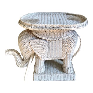 Vintage White Wicker Elephant Side Table For Sale