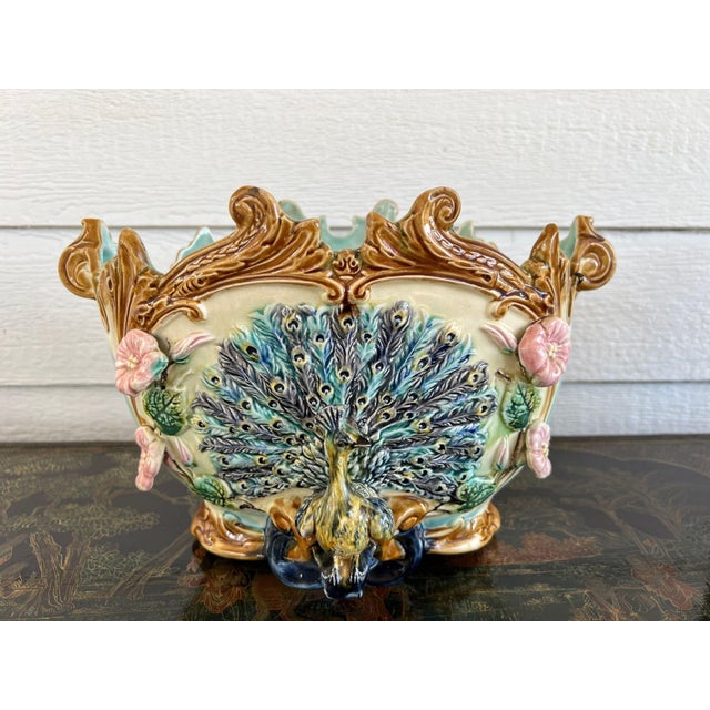 Art Nouveau Antique French Majolica Jardinière Planter Peacock Onnaing Large Cache Pot C1880 For Sale - Image 3 of 18